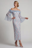 Robe longue de maman de la mariée, longue robe de la mariée bleu moulant bleu poussiéreux et perlée à perles