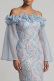 Robe longue de maman de la mariée, longue robe de la mariée bleu moulant bleu poussiéreux et perlée à perles