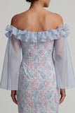 Robe longue de maman de la mariée, longue robe de la mariée bleu moulant bleu poussiéreux et perlée à perles