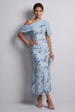 Robe longue de la mère de la mariée bleu bleu moulant à une épaule