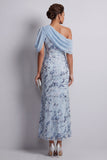 Robe longue de la mère de la mariée bleu bleu moulant à une épaule