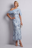 Robe longue de la mère de la mariée bleu bleu moulant à une épaule