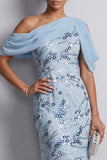 Robe longue de la mère de la mariée bleu bleu moulant à une épaule