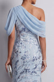 Robe longue de la mère de la mariée bleu bleu moulant à une épaule