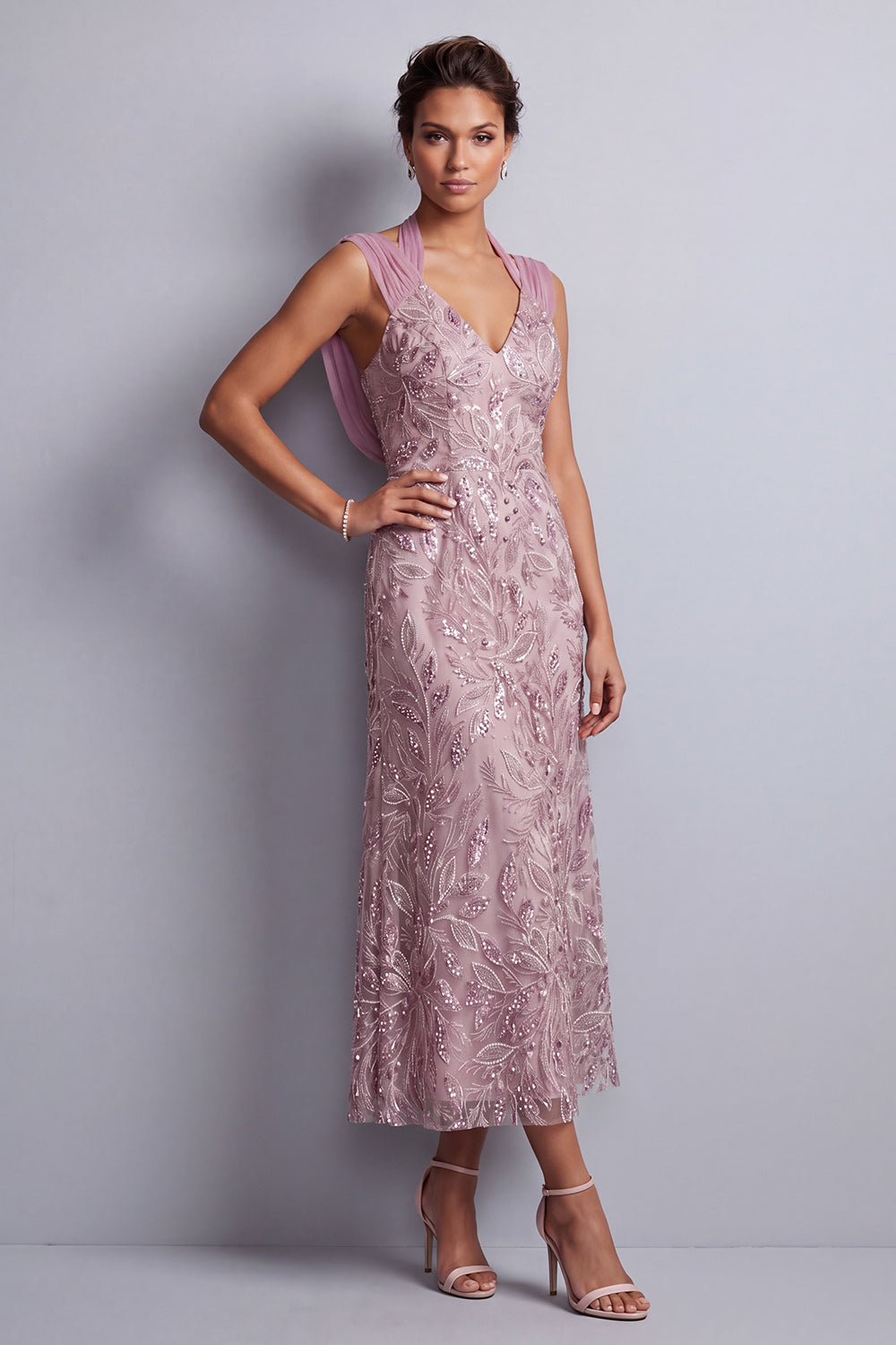 Robe vintage mauve à col nu à fourreau à paillettes, longue robe fleurie de la mère de la mariée