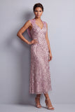Robe vintage mauve à col nu à fourreau à paillettes, longue robe fleurie de la mère de la mariée