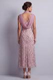 Robe vintage mauve à col nu à fourreau à paillettes, longue robe fleurie de la mère de la mariée