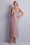 Robe vintage mauve à col nu à fourreau à paillettes, longue robe fleurie de la mère de la mariée