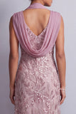 Robe vintage mauve à col nu à fourreau à paillettes, longue robe fleurie de la mère de la mariée