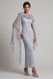 Robe longue de la mère de la mariée bleu fleuri bleu poussiéreux à une épaule perlée et volante