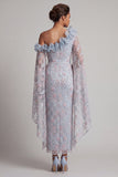 Robe longue de la mère de la mariée bleu fleuri bleu poussiéreux à une épaule perlée et volante