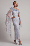 Robe longue de la mère de la mariée bleu fleuri bleu poussiéreux à une épaule perlée et volante