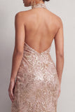 Champagne à col nu, sirène fronceuse, paillettes longues robe de mère de mariée avec fente