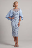 Robe Bodycon bleu ciel à paillettes à col rond Fleur Mother of the Bride avec manches cape
