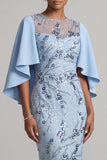 Robe Bodycon bleu ciel à paillettes à col rond Fleur Mother of the Bride avec manches cape