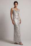 Robe longue de la mère de la mariée en argent, col à col en forme de capuchon argenté scintillant