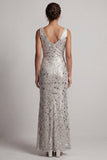 Robe longue de la mère de la mariée en argent, col à col en forme de capuchon argenté scintillant