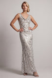 Robe longue de la mère de la mariée en argent, col à col en forme de capuchon argenté scintillant