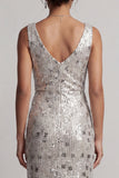 Robe longue de la mère de la mariée en argent, col à col en forme de capuchon argenté scintillant