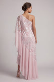 Robe rose à étui à étui sur une épaule ébouriffée longue robe de mère de la mariée avec perles