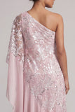 Robe rose à étui à étui sur une épaule ébouriffée longue robe de mère de la mariée avec perles