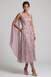 Robe midi Mother of the Bride à col nu brume à col nu A-line avec manches cape