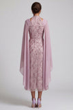 Robe midi Mother of the Bride à col nu brume à col nu A-line avec manches cape
