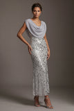 Sirène en argent, paillettes, col à capuche, longue robe de mère de mariée