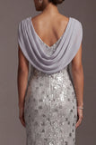 Sirène en argent, paillettes, col à capuche, longue robe de mère de mariée