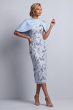 Robe de la mère de la mariée midi bleu bleu fleuri bodycon paillettes
