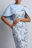 Robe de la mère de la mariée midi bleu bleu fleuri bodycon paillettes