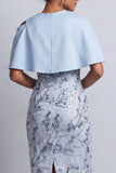 Robe de la mère de la mariée midi bleu bleu fleuri bodycon paillettes