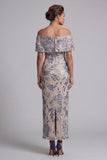 Robe longue mère de la mariée bleu marine épaule décalée bodycon, sequins collants floraux