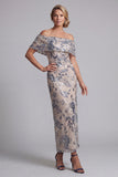 Robe longue mère de la mariée bleu marine épaule décalée bodycon, sequins collants floraux