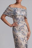 Robe longue mère de la mariée bleu marine épaule décalée bodycon, sequins collants floraux