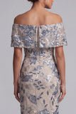 Robe longue mère de la mariée bleu marine épaule décalée bodycon, sequins collants floraux