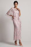 Robe rose à paillettes sirène à une épaule fleurie longue de mère de la mariée avec cape