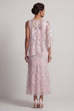 Robe rose à paillettes sirène à une épaule fleurie longue de mère de la mariée avec cape