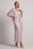 Robe rose à paillettes sirène à une épaule fleurie longue de mère de la mariée avec cape
