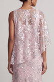 Robe rose à paillettes sirène à une épaule fleurie longue de mère de la mariée avec cape