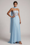 Corset transparent bleu ciel sans bustiers, paillettes ligne A-line en chiffon Longue robe de la mère de la mariée