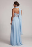 Corset transparent bleu ciel sans bustiers, paillettes ligne A-line en chiffon Longue robe de la mère de la mariée
