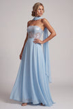 Corset transparent bleu ciel sans bustiers, paillettes ligne A-line en chiffon Longue robe de la mère de la mariée