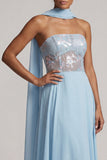 Corset transparent bleu ciel sans bustiers, paillettes ligne A-line en chiffon Longue robe de la mère de la mariée