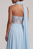 Corset transparent bleu ciel sans bustiers, paillettes ligne A-line en chiffon Longue robe de la mère de la mariée