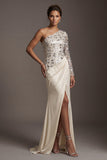 Champagne à une épaule, paillettes froncées, sirène, longue robe mère de la mariée avec fente