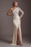 Champagne à une épaule, paillettes froncées, sirène, longue robe mère de la mariée avec fente