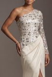 Champagne à une épaule, paillettes froncées, sirène, longue robe mère de la mariée avec fente