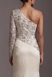 Champagne à une épaule, paillettes froncées, sirène, longue robe mère de la mariée avec fente