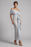 Robe longue de mère de la mariée en sequins bodycons bleu poussiéreux avec nœud long